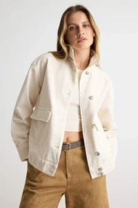 TRENDYOLMİLLA Ecru High Neck Oversized DENIM Jacket - Image 3