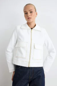 TRENDYOLMİLLA WHITE Sewing Detailed Zippered Cotton Oversized Gabardine Jacket