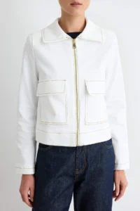 TRENDYOLMİLLA WHITE Sewing Detailed Zippered Cotton Oversized Gabardine Jacket - Image 4