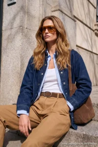 TRENDYOLMİLLA Wardrobe Essentials DARK BLUE Belt Detailed High Neck DENIM Jacket