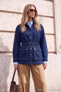 TRENDYOLMİLLA Wardrobe Essentials DARK BLUE Belt Detailed High Neck DENIM Jacket - Image 3
