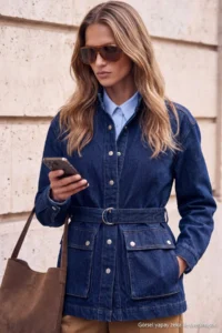 TRENDYOLMİLLA Wardrobe Essentials DARK BLUE Belt Detailed High Neck DENIM Jacket - Image 4