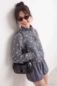 TRENDYOLMİLLA Gray Polka Dot High Neck DENIM Jacket