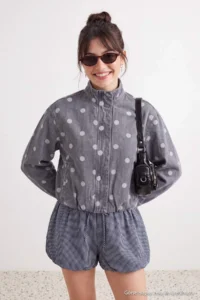 TRENDYOLMİLLA Gray Polka Dot High Neck DENIM Jacket - Image 2