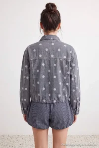 TRENDYOLMİLLA Gray Polka Dot High Neck DENIM Jacket - Image 5