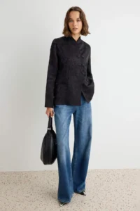 TRENDYOLMİLLA Black Satin Self-Patterned Ornamental Button Closure with accessories Jacket - Image 2