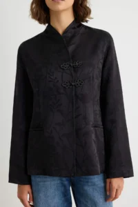 TRENDYOLMİLLA Black Satin Self-Patterned Ornamental Button Closure with accessories Jacket - Image 3