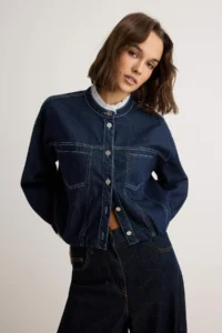 TRENDYOLMİLLA DARK BLUE Collar Detailed Bomber Jacket DENIM Jacket