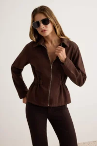 TRENDYOLMİLLA Brown Zipper Detailed peplum DENIM Jacket
