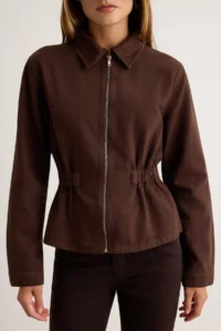 TRENDYOLMİLLA Brown Zipper Detailed peplum DENIM Jacket - Image 3