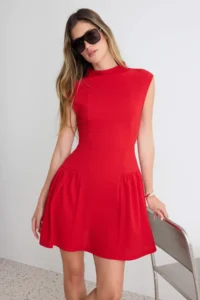 TRENDYOLMİLLA Red skater/Belden Flared High Neck Sleeveless Short/Mini pleated Flexible Knitting Dress - Image 2