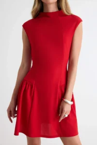 TRENDYOLMİLLA Red skater/Belden Flared High Neck Sleeveless Short/Mini pleated Flexible Knitting Dress - Image 3