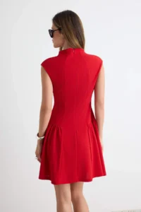 TRENDYOLMİLLA Red skater/Belden Flared High Neck Sleeveless Short/Mini pleated Flexible Knitting Dress - Image 4