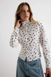 TRENDYOLMİLLA Black WHITE Polka Dot High Neck Shirt - Image 2