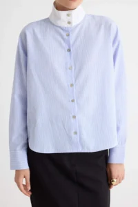 TRENDYOLMİLLA BLUE Striped Kontrast Renkll High Neck Shirt - Image 3