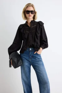 TRENDYOLMİLLA Black Frilly Boho Weaving Shirt