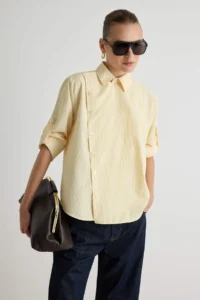 TRENDYOLMİLLA Yellow Striped Wide Pattern Button Detailed Shirt