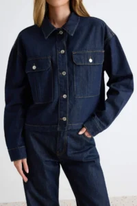 TRENDYOLMİLLA DARK BLUE Balloon Sleeve Button Detailed DENIM Shirt - Image 7