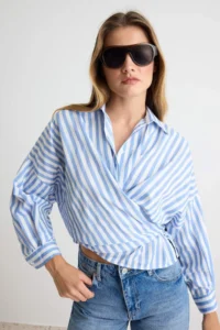 TRENDYOLMİLLA BLUE Striped Cross tied up Shirt - Image 2