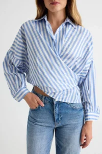 TRENDYOLMİLLA BLUE Striped Cross tied up Shirt - Image 3