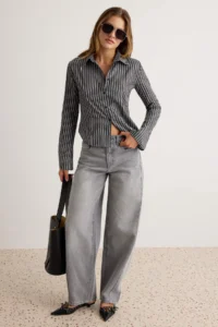 TRENDYOLMİLLA Anthracite Striped Hafif Waist Fitting Shirt - Image 3