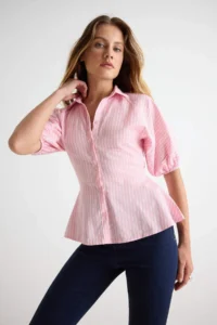 TRENDYOLMİLLA PINK Striped Balloon Sleeve Detailed Shirt
