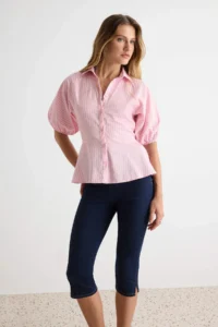 TRENDYOLMİLLA PINK Striped Balloon Sleeve Detailed Shirt - Image 2