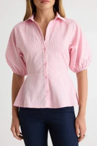 TRENDYOLMİLLA PINK Striped Balloon Sleeve Detailed Shirt - Image 3
