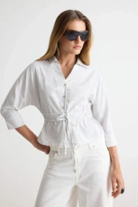 TRENDYOLMİLLA WHITE-Multicolored Striped Belden Shirred Shirt - Image 3