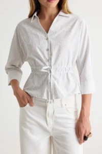 TRENDYOLMİLLA WHITE-Multicolored Striped Belden Shirred Shirt - Image 4