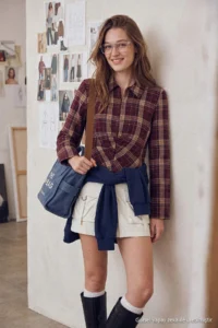 TRENDYOLMİLLA Brown-Multicolored Agraf Detailed Plaid Waist-Fitting Shirt - Image 2