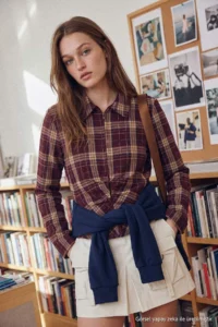 TRENDYOLMİLLA Brown-Multicolored Agraf Detailed Plaid Waist-Fitting Shirt - Image 4
