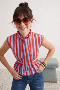 TRENDYOLMİLLA Red BLUE Striped Collar Binding Detailed Shirt