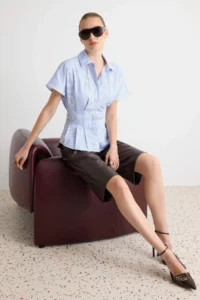 TRENDYOLMİLLA BLUE Striped Pili Detailed Shirt