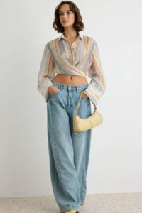 TRENDYOLMİLLA Multicolored Striped Transparan Thin Double breasted Shirt - Image 2