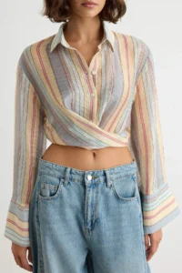 TRENDYOLMİLLA Multicolored Striped Transparan Thin Double breasted Shirt - Image 3