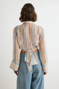 TRENDYOLMİLLA Multicolored Striped Transparan Thin Double breasted Shirt - Image 4