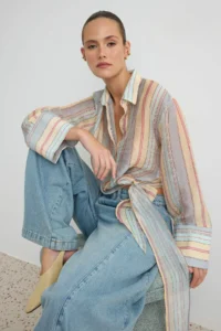 TRENDYOLMİLLA Multicolored Striped Transparan Thin Double breasted Shirt - Image 5