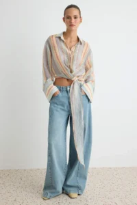 TRENDYOLMİLLA Multicolored Striped Transparan Thin Double breasted Shirt - Image 6
