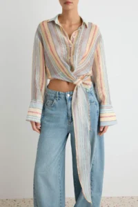 TRENDYOLMİLLA Multicolored Striped Transparan Thin Double breasted Shirt - Image 7
