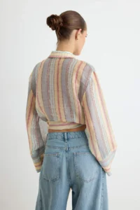 TRENDYOLMİLLA Multicolored Striped Transparan Thin Double breasted Shirt - Image 8
