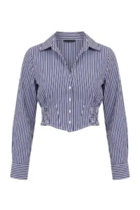 TRENDYOLMİLLA NAVY BLUE-Beige Striped Gipe Detailed Waist Fitting Shirt - Image 5