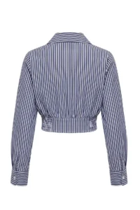 TRENDYOLMİLLA NAVY BLUE-Beige Striped Gipe Detailed Waist Fitting Shirt - Image 7