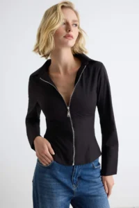 TRENDYOLMİLLA Black Bedene Oturan Zipper Detailed Flexible Shirt - Image 2