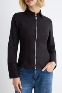 TRENDYOLMİLLA Black Bedene Oturan Zipper Detailed Flexible Shirt - Image 3