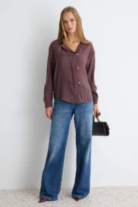 TRENDYOLMİLLA Brown Binding Detailed Shirt - Image 2