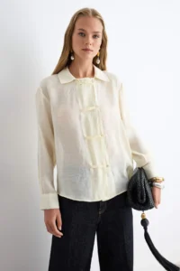 TRENDYOLMİLLA Light YELLOW Binding Detailed Shirt - Image 2
