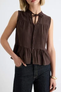 TRENDYOLMİLLA Brown Sleeveless Cotton Bohem Shirt - Image 3