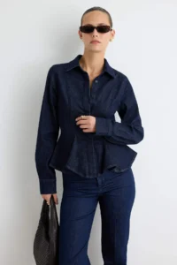 TRENDYOLMİLLA DARK BLUE Az Flexible peplum Fitted DENIM Shirt - Image 2