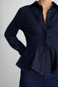 TRENDYOLMİLLA DARK BLUE Az Flexible peplum Fitted DENIM Shirt - Image 3